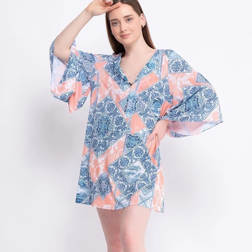 Maryan Mehlhorn Caftan Beach Dress Size M Blue Tile Print Cover Up Resort Cruise